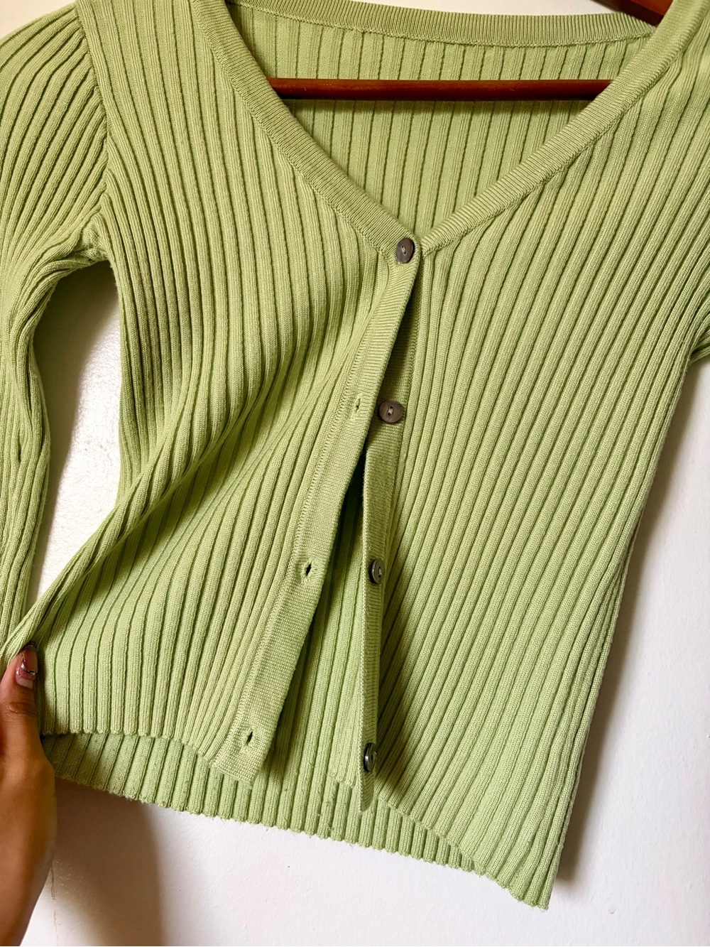 Women's Ribbed V-Neck Button Cardigan - Light Green